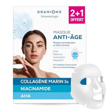 Masque COLLAGENE Anti Age - GRANIONS Collagène N°1 en Pharmacies - Masque Visage - Collagene et Acide Hyaluronique - Masque Collagene Visage Anti Rides - Masque Tissu 2+1 OFFERT