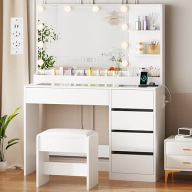 ANWBROAD Coiffeuse avec Miroir et Tabouret Éclairage LED Réglable, 3 Couleurs, Plateau en Verre, Coiffeuse avec Prise 5 Tiroirs et 5 Espaces de Rangement Ouverts, Moderne Blanc BDT74W