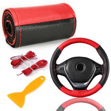 Housse de Volant en Cuir Véritable, Couture à la Main Respirant de Vachette, Universel Couvre Volant de Bricolage de 37 à 39 cm (Noir Rouge)