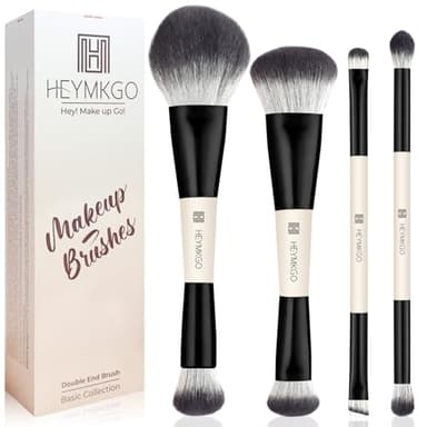 HEYMKGO Kit 4 Pinceaux de Maquillage Professionnels Double Extrémité - Pinceaux Fond de Teint/Contour/Correcteur pour Texture Liquide/Crème/Poudre Set Noir