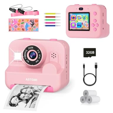 ASTGMI Appareil Photo Enfant, Appareil Photo Instantané 2.4" Écran avec Papier d'impression et Carte 32GB, Mode Video et Selfie, Jouet Cadeau pour Filles Garçons Enfant de 3-14 Ans(Rose)