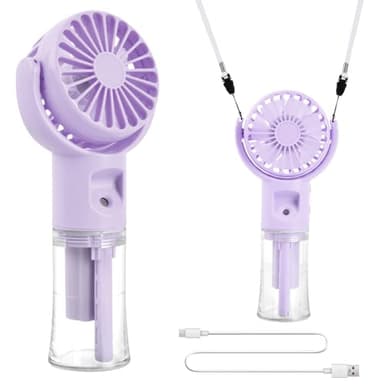 Fangehong Ventilateur Portable, Ventilateur de Poche USB Rechargeable, 4 Vitesses, avec réservoir d'eau de 20ml, Portatif USB mini Fan Pour Bureau, Extérieur, Voyage (Violet)