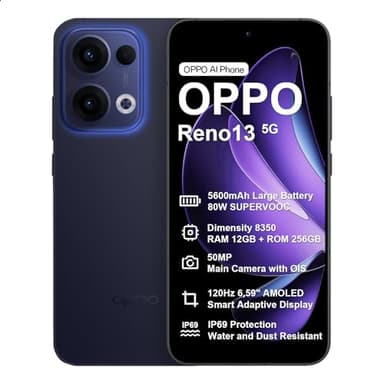 OPPO Reno13 5G 12+256Go, IA Smartphone Android Débloqué, Téléphone Portable, Dimensity 8350 5G, Écran 120Hz 6,59" AMOLED, SUPERVOOC 80W, Batterie 5600mAh, IP69, Caméra AI 50MP, Vidéo 4K, NFC, Bleu