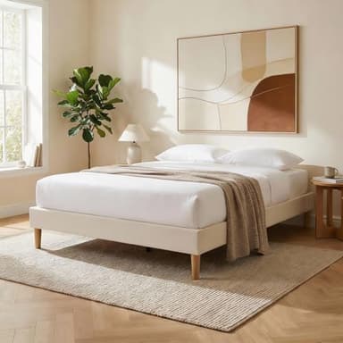 IDIMEX Sommier tapissier Brest 160 x 200 cm Structure en Bois et revêtement en Tissu Blanc crème, Cadre de lit avec Pieds et sommier à Lattes pour 2 Personnes
