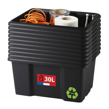 SUNDIS Bac de rangement 30L, lot de 10, en plastique recyclé noir, L.46,5xl.36,5x H23cm, empilable et superposable, multiusage, idéal pour l’atelier, le bricolage ou le transport
