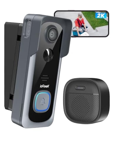 ieGeek 2K Sonnette sans Fil avec Camera avec Support d'angle De Sonnette Réglable, Sonnette Vidéo Gris aucuns Frais Mensuels, Détection De Mouvement PIR, Changeur De Voix, WiFi 2,4G