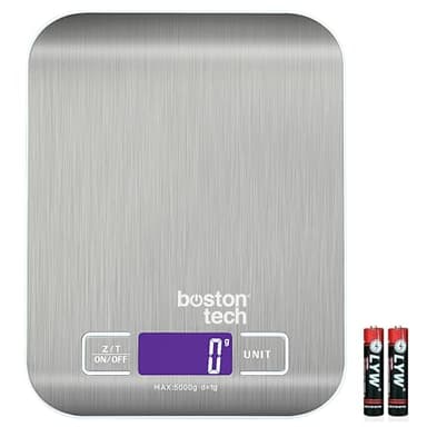 Boston Tech Balance de Cuisine Électronique de Haute Précision 5000g/1g avec Écran LCD Rétroéclairé, 6 Unités et Fonction Tare Acier Inoxydable, Smart Digital, pour Alimentaire Multifonctionnel
