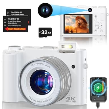 Appareil Photo numérique 4K 64MP Autofocus Vlogging pour Youtube avec Carte SD, Double caméras Avant et arrière avec Zoom numérique 16x Anti-secousse, 2 Piles pour Adolescents, débutants, Adultes