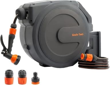 Giraffe Tools Enrouleur de tuyau rétractable à fixation murale, 25 + 2 m, pivotant à 180° avec buse de pulvérisation 7 en 1