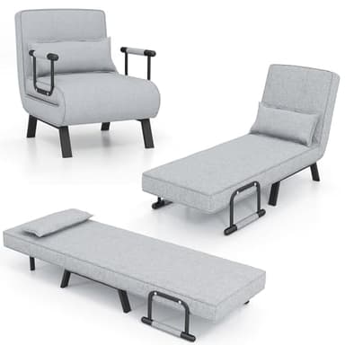 GOPLUS Canapé-lit Convertible, Fauteuil Convertible Lit, avec Dossier Réglable en 6 Positions, Oreiller Amovible, Cadre Métallique Robuste, Canapé-lit Pliable 1 Place, pour Salon (Gris Clair)