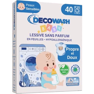 Lessive en Feuilles pour Bébé (80 Lavages) – Lessive Sans Parfum, Lessive Hypoallergénique, Lessive Écologique, 100% Biodégradable et Végan. Nettoyage Doux pour Peaux Sensibles. Sans Plastique.