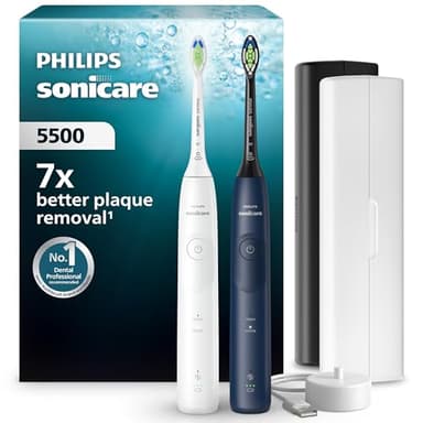 Philips Sonicare 5500 - Brosse à dents électrique sonique avec 2 modes, Alerte de pression, EasyStart, SmarTimer et BrushPacer, Blanc et Bleu marine, Pack de 2, modèle HX7119/01