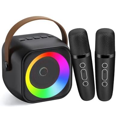 Machine à karaoké pour enfants et adultes, mini microphone de karaoké portable avec 2 micros sans fil et lumière, jouets pour tous les smartphones (noir)