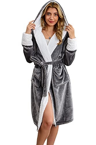 Tuopuda Peignoir de Bain Femme Polaire à Capuche Robe de Chambre Sortie de Bain à Capuche Pyjama Hiver Chaude Peignoirs avec Ceinture Poches Nuisette Vêtements de Nuit pour Fête Mariage, Gris