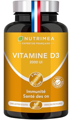 VITAMINE D3 – 100% Pure - 2000 UI - 1000% des Apports Journaliers – Santé des Os & des Dents - Immunité - 60 Gélules – Nutrimea - Fabriqué en France