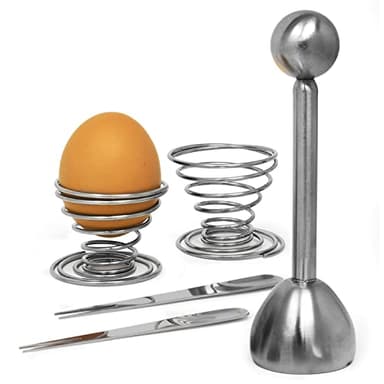Joeji's Kitchen Toqueur à Œuf INOX Coupe Oeuf à La Coque et Separateur A Oeuf pour Cuisson Œuf à La Coque Dur Mollet, Inclut des Ustensiles De Cuisine en Cadeau - 2 Coquetiers et 2 Cuillères