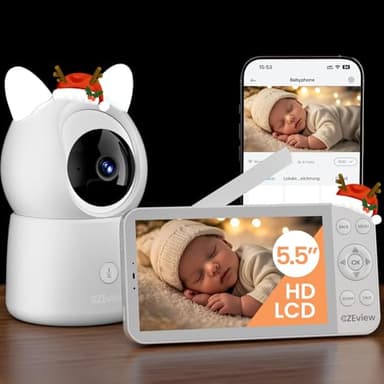 CZEview Babyphone Caméra 2K & Ultra Grand Moniteur HD 5,5", Qualité d'image au Top, 360°, APP, Veilleuse & Musique, Vision Nocturne, Caméra Bébé (Blanc (1 pièce))