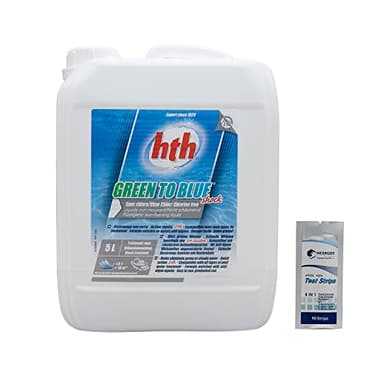 HTH Green to Blue Shock 12% Liquide - 5L | Anti-Algues Choc - Rattrapage Eau Verte - Désinfection Choc sans Chlore - Oxygène Actif - Péroxyde d'Hydrogène + 10 Tests HPS OFFERTS 6 en 1