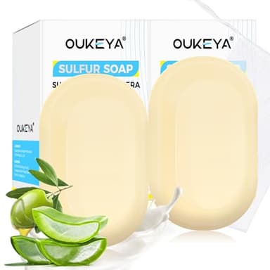 OUKEYA 10% Savon Au Soufre, Savon Lait De Chevre, Cide Salicylique, Huile d'Arbre à Thé, Aloe Vera, Apaisant, Réparation de la Barrière Cutanée, 2 x115g