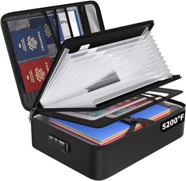 Porte-documents ignifuge 5200℉ A4 - Boîte de rangement avec 13 compartiments et serrure - Porte-documents portable pour la maison et le bureau - Rangement de documents pour documents importants