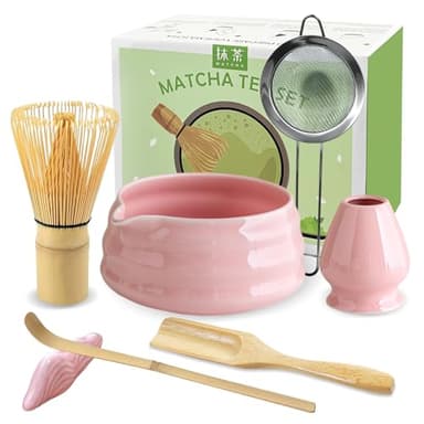 JBER Matcha Kit Rose 7 Pièces, Matcha Set - Fouet à Matcha en Bambou, Bol à Matcha à Buse, Support pour Fouet, Cuillère et Tamis, Kit Matcha pour Cérémonie du Matcha