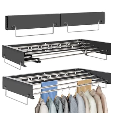 OUUTMEE 80CM Séchoir à Linge Mural, Étendoir à Linge Pliable pour Intérieur et Extérieur, Rétractable Etendoir Linge Mural avec 5 Tiges, Economiseur d'Espace Design (Noir)