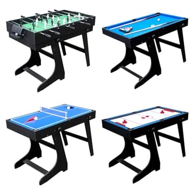Table Multi-Jeux 4 en 1, Billard, Baby-Foot, Hockey et Tennis de Table, Meuble de Jeux Pliable avec Rangement Vertical, Idéale pour Enfants et Famille