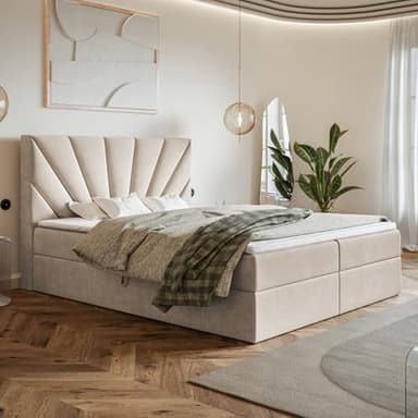 MOTIVENA Aspen Lit Boxspring 160x200 Complet avec Matelas (Ressorts Bonnell H4) et Surmatelas (T28 Mousse de Confort H3), avec Rangement, Velours, avec Tête de Lit Coffre 160x200 Beige Crème