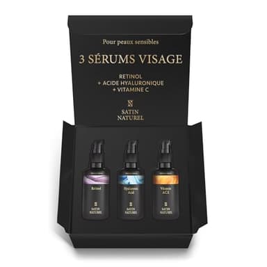 Satin Naturel Coffret Cadeau Luxueux pour Femme – Sérums Visage Bio 3×30 ml Acide Hyaluronique, Rétinol & Vitamines A C E – Soin Beauté et Anti - Âge Naturel & Bio – Idée Cadeau Noël – Édition Festive