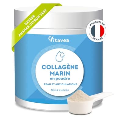 Collagène Marin Poudre 10 000mg - Peptides de Collagène Marin Hydrolysés Type 1 - Avec Vitamine C - Articulations, Peau, Anti-âge - Collagene Poudre Goût Ananas-Citron Vert - Sans sucre - Vitavea