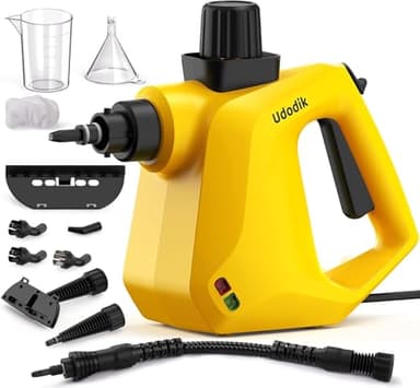 Udodik Nettoyeur vapeur portable pour la maison, multi-usages avec 10 accessoires pour tapis, rideaux, canapés, cuisine, punaises, salle de bain et plus encore (yellow)