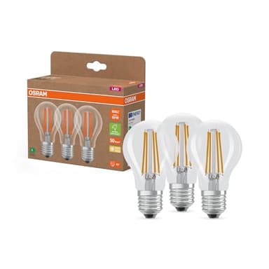 OSRAM Lampes LED haute efficacité avec classe énergétique A, pack avantage de 3 lampes, remplace les ampoules 60W classiques, forme de poire, blanc chaud (2700K), E27, verre filament