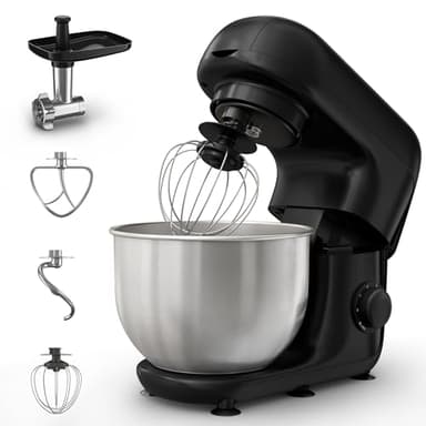Moulinex Bake Essential, Robot pâtissier, Bol inox 4.8 L, 800 W, Kit accessoires, Batteur, Fouet, Pétrin, Hachoir à viande, Résultat homogène, Noir, QA161810