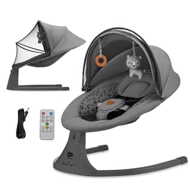 Kinderkraft LUMI 2 Transat bébé, Balancelle bebe electrique de La Naissance à 9 Mois, Réglable hauteur, 5 modes du balancement, 12 mélodies, Arche avec jouets, Gris foncé