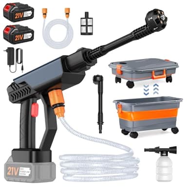 Nettoyeur Haute Pression sans Fil, 30 Bar Nettoyeur Haute Pression sur Batterie avec Seau Pliable Portable de 22L, 2 x 3,0Ah Batteries, Buse 6 en 1, Tuyau de 5M, Réservoir de Mousse, pour Voitures