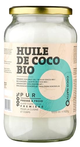 Huile de coco Bio CocoNativo 1000ml (1L) - Huile Coco - Coconut Oil - Extra Vierge et non Raffinée, Pure et 100% Bio - Idéale Pour Les Cheveux, Le Corps et Comme Aliment