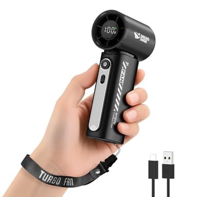Smiling Shark TF-02 Ventilateur Turbo Portatif, 1-100 Vitesses Réglables Mini Ventilateur Portable à Main[12H Max] avec Écran LED/Lanière/Base, Éventail 2-en-1 Main/Bureau pour l'extérieur Intérieur