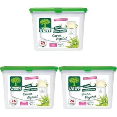 L'Arbre Vert Doses Lessive Liquide Ecolabel Savon Végétal - Hypoallergénique - 24 Doses (Lot de 3)