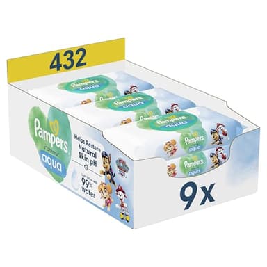 Pampers Harmonie Aqua, 432 Lingettes pour Bébé (9x48), Sans Plastique, Sans Parfum, Protection de la Peau Délicate Avec 99% D'Eau, Aide à restaurer le pH naturel de la peau
