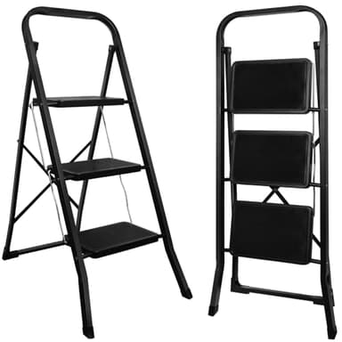 kisidus Échelles Pliable 3 Marches Antidérapants Escabeau Marche Pied Pliante 3-Level Max 150kg Acier Robust Intérieur Extérieur - Noir
