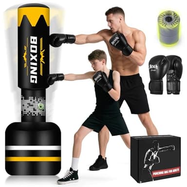 Sac de Frappe Adulte 180cm- Sac de Boxe Lourd autoportant avec Gants de Boxe et Pompe Semi-Automatique Intégrée, Sacs de Kickboxing avec Support pour l'entraînement MMA Muay Thai Fitness Débutants