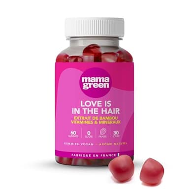 Mama Green - Gummies Love is in the hair - Favorise la pousse des cheveux - Force et brillance - 60 gummies - Sans sucres – Sans colorants et arômes artificiels - Fabriqué en France