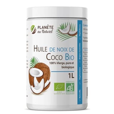 Huile de Coco Bio 1000 ml - 100% Vierge - Planète au Naturel - Première pression à froid - 100% Biologique - Cuisine et cosmétique