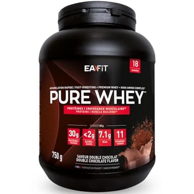 WHEY PROTEIN - Double Chocolat - EAFIT - Marque Française N°1 en Nutrition Sportive - 30g de Proteine Whey - BCAA - Shaker Proteine - Pre Workout, Musculation - Protéines Whey - 750 g
