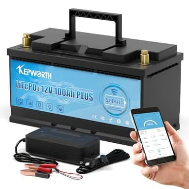KEPWORTH Batterie Lithium 12V 100Ah, Rechargeable, LiFePO4 avec 100A Smart Bluetooth BMS et 4000-15000 Cycles Profonds, sans Entretien Parfait pour Camping-Car, Solaire, Bateaux, Hors-Réseau