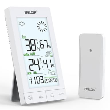 Station Météo Sans Fil Avec Capteur Extérieur, Thermomètre Intérieur Et Extérieur Hygromètre Écran LCD De 6,0’, Prévisions Météo, Jour De La Semaine, Réveil, Fonction Snooze Et Rétroéclairage Blanc