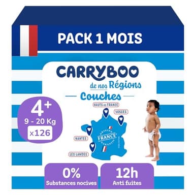 CARRYBOO - Couches Taille 4+ (9-20kg) - Saines et Ultra Absorbantes - 12h Anti Fuites - Sans substances indésirables - Fabriquées en France - Prix Accessible - 126 Couches Jetables - Pack 1 Mois