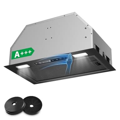 KICHPOWER Hotte Aspirante 52cm Encastrable, 750m³/h, Hotte Encastrée, Commande Gestuelle & Tactile, 3 Vitesses & Fonction Booster, Éclairage LED, Filtre Charbon et Conduit Inclus, Évacuation/Recyclage