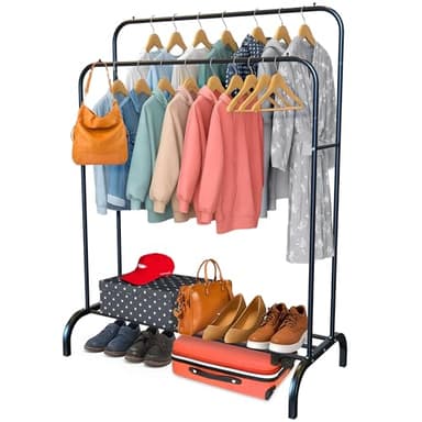 PORTENTUM Portant a vetement en acier – jusqu’à 35 kg – Penderie avec double barre et étagère porte-chaussures – Pieds antidérapants – Embouts anti-chute pour cintres – Montage rapide