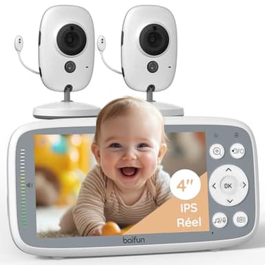 Boifun 4'' Babyphone 2 Cameras Bebe Surveillance sans WiFi, Vision Nocturne Infrarouge Invisible, HD 720P, Interphone Bidirectionnel, Berceuses, Détecteur Température/Son, Zoom 3X, Rappel de Biberon